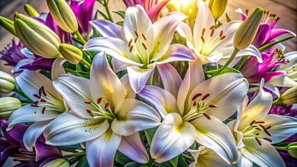 Fototapeta premium A breathtaking aerial view of a white and purple lily bouquet, captured by drone.