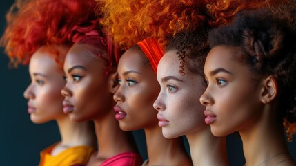 Obraz premium Five diverse women with vibrant, curly hairstyles in profile view.