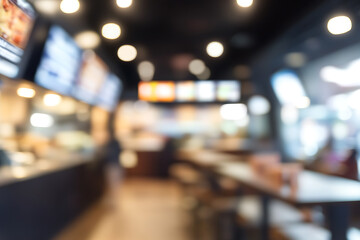 Blurred Food Court Restaurant Interior Abstract Background with Warm Lighting and Seating Area