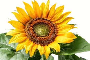 Fototapeta premium Bright Yellow Sunflower Blooms Beautifully in Closeup Against a White Background Showcasing Its Vibrant Petals and Seeds. Generative AI
