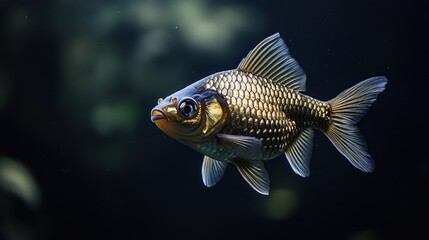Fototapeta premium Golden Fish Swimming Gracefully in Dark Aquarium Waters