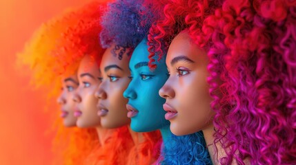 Four women with vibrant colorful curly wigs and body paint in profile view against an orange background.