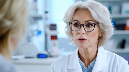 Mature woman with glasses talking in laboratory setting