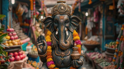 Ganesha statue adorned with flowers in a vibrant marketplace.