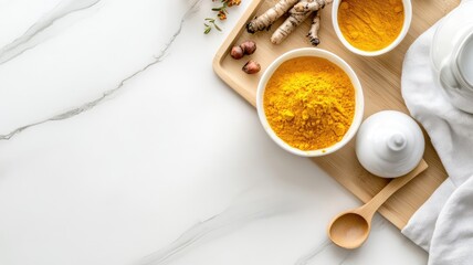 Fototapeta premium Turmeric powder and roots on wooden board, white bowls, spoon marble surface