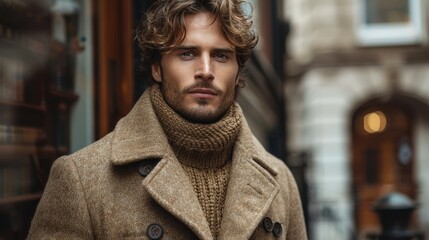 Handsome man in a stylish camel coat and turtleneck sweater on a city street.