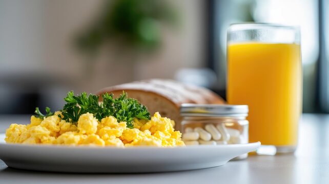 Healthy breakfast featuring scrambled eggs, juice, bread, and supplements