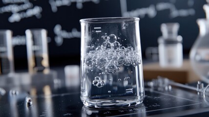 Beaker with bubbling chemical reaction in lab