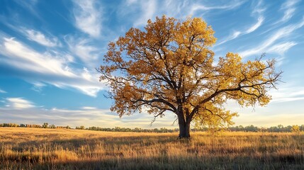 Fototapeta premium Golden Autumn Tree in a Prairie Landscape. Concept of nature, tranquility, and fall colors.