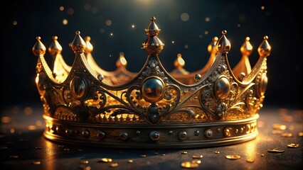 A regal golden crown, intricately detailed, dominates a black backdrop; luxurious fantasy photography.