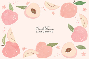 Peach Illustration pattern frame. Peach or apricot pattern. Hand drawn fruit and sliced pieces. Summer tropical endless background. Vector fruit design for label, fabric, packaging