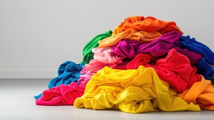 Pile of colorful fabric in various shades and hues on light floor