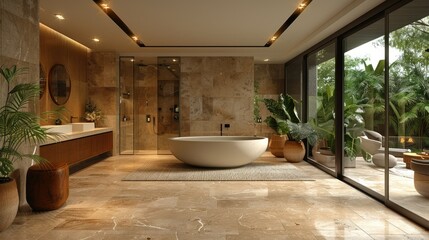 Fototapeta premium Luxurious bathroom with freestanding tub, marble floors, and tropical view.