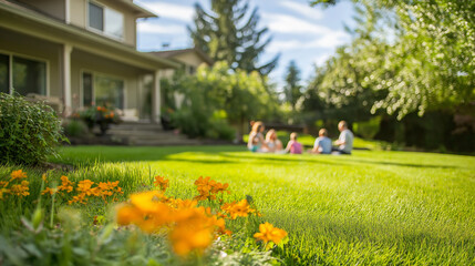Obraz premium A family is relaxing in the backyard of their country house, with an emphasis on the green lawn