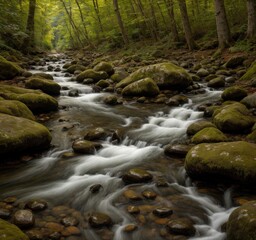 A serene stream flows through a lush forest, surrounded by mossy rocks and greenery.