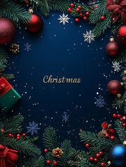 Christmas dark blue background with decorations. A Christmas tree branch surrounds the edge. A abstract background with snowflakes, stars, berries, and Christmas balls, there is enough space for text