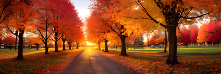 Obraz premium Sweeping Autumn Scene: Vibrant Canopy and Carpet of Leaves Along a Winding Path