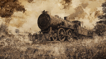 Obraz premium Sepia Train Landscape Painting: Rustic Engine, Nostalgia, Vintage Transport, Background