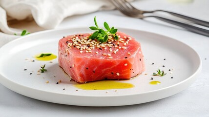 Fresh raw tuna steak garnished with sesame seeds and herbs on white plate olive oil