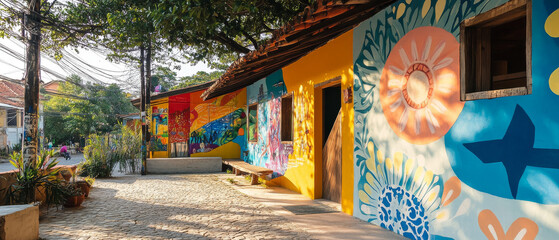 Fototapeta premium Brazilian Street Art, Vibrant Murals, Colorful Buildings, Sunny Alleyway, Tropical Scene
