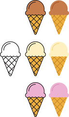 Ice cream cone illustration in vanilla, chocolate and strawberry. 