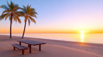 Serene beach scene at sunset with palm trees and a picnic table.