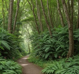 Fototapeta premium A serene forest pathway surrounded by lush greenery and ferns, inviting exploration.