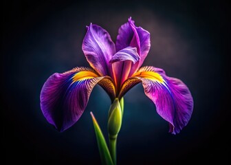 Close-up of a purple iris, dark backdrop, showcasing intricate botanical details in macro photography.