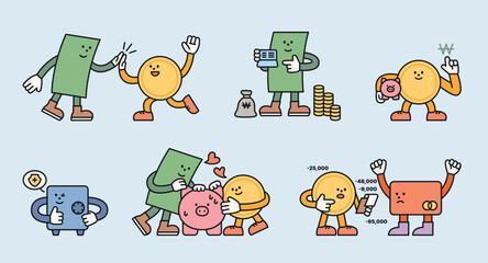 Cute geometric characters. Banknotes and coins are saving money together. Illustration on the theme of economy.