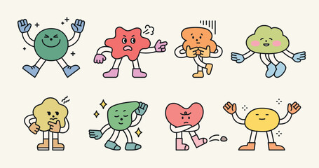 Cute geometric characters. Expressing various emotions such as anger, smiling, etc. Illustrations themed on various emotions.
