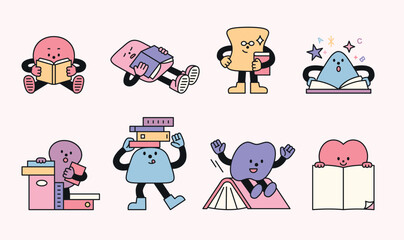 Cute geometric characters. Reading books, sleeping, or playing. Illustrations on the theme of reading.