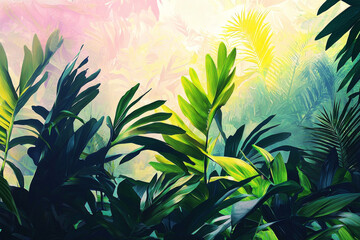 Lush Tropical Paradise: Vibrant Green Leaves, Digital Painting