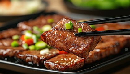 Authentic close-up of tender grilled meat, showcased with chopsticks gripping a flavorful piece in exquisite detail This close-up shot reveals the dish's texture and enticing preparation, focusing on