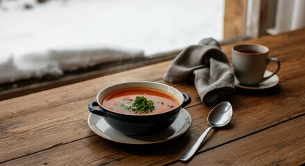 Warm tomato soup and coffee on wooden table by snowy window