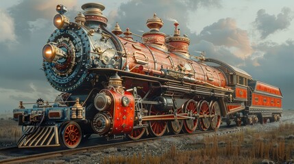 Naklejka premium Ornate steampunk train on tracks, under cloudy sky.