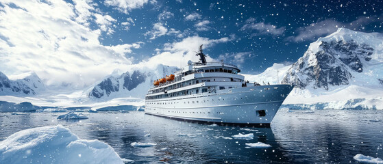 Antarctica Cruise Ship, Snowy Mountains, Icy Waters, Winter Wonderland, Expedition Voyage