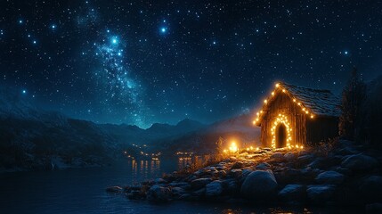 Naklejka premium Illuminated Lakeside Cabin Under Starlit Night Sky