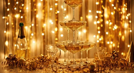 Champagne tower with golden lights and decorations
