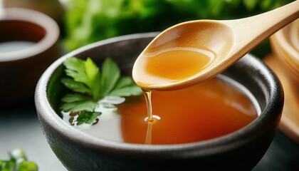 Capture the essence of Japanese cuisine with this close-up of a rich, savory broth in a traditional Japanese bowl Explore the depths of flavor in this broth The golden hues of this steaming bowl of