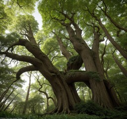 Obraz premium A majestic tree with sprawling branches and lush green foliage in a serene forest setting.