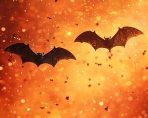 Capture the playful spookiness of Halloween with this captivating image of bats fluttering over a festive invitation The bats in silhouette dance against a vibrant, bokeh-filled background, creating