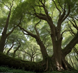 A serene forest scene featuring large trees and people resting at the base.