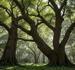 A serene forest scene featuring majestic trees and lush greenery.