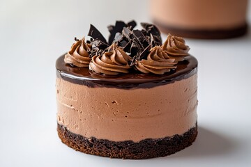 Chocolate mousse cake with dark glaze and shavings