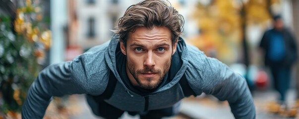 Determined to start with a powerful pose, a man begins his outdoor workout, ready to conquer new goals, showing intense focus This image captures the essence of determination and the beginning of a