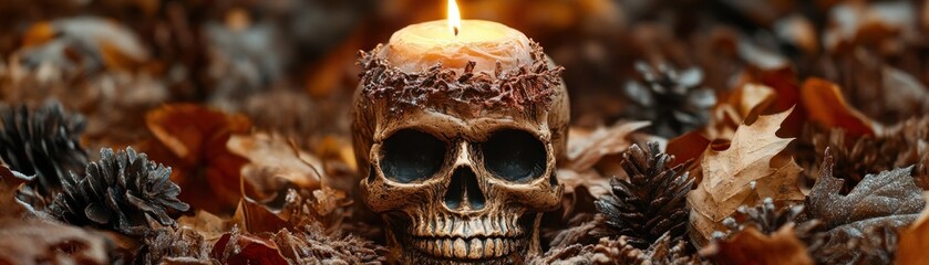 Naklejka premium Discover a hauntingly beautiful display with this seasonal skull decor This festive piece combines the macabre charm of a skull with the warm, inviting colors of fall, making it the perfect