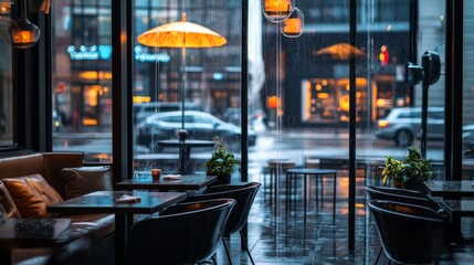 Obraz premium A sleek coffee shop interior featuring minimalist decor, warm lighting, and a rainy city street view through floor-to-ceiling windows. 