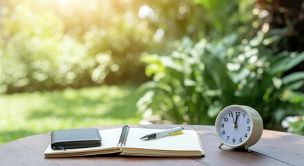 Outdoor study setup with writing materials and clock on table, sunny garden in background