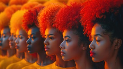 Obraz premium Row of women with vibrant orange afros, profile view.