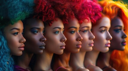 Obraz premium Seven diverse women with vibrant, colorful hair in profile view.